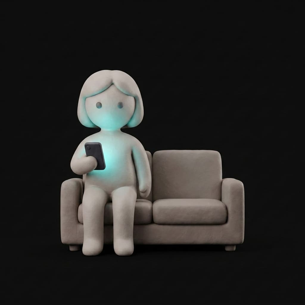 Una persona sentada en un sofá a oscuras, mirando su teléfono.